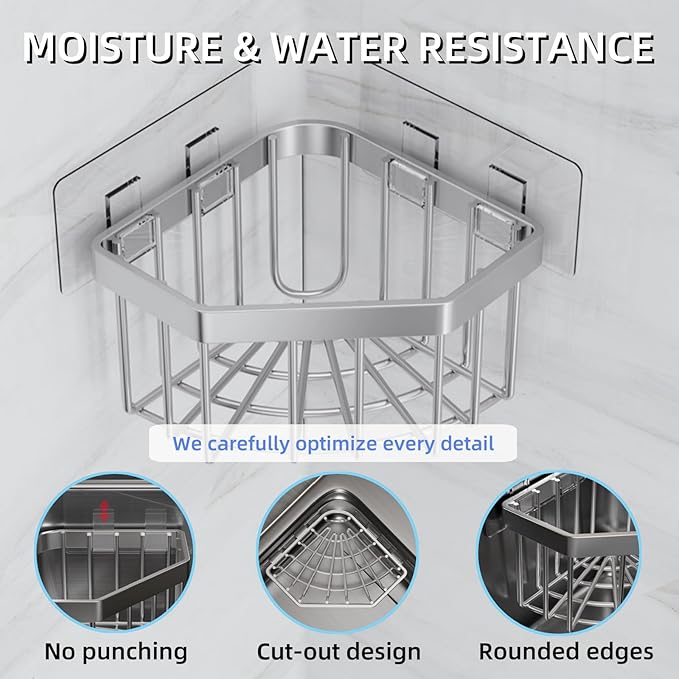 Wall Mounted Sink Caddy Organizer, Carbon Steel Kitchen Sponge Holder with 2 Adhesive Hooks, Triangular Drain Rack, 5.27x5.27x3.54 Inch (Silver)