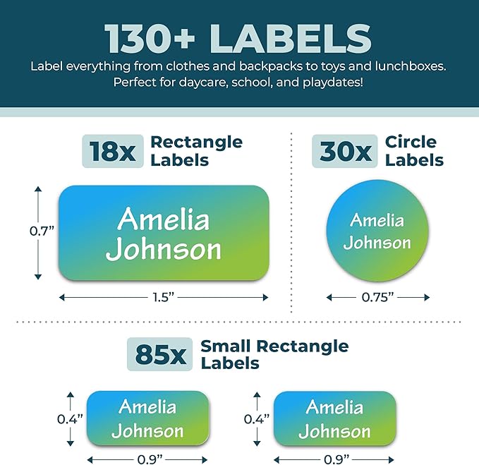 Personalized Daycare Name Labels for Kids (130 Labels) - Custom Waterproof Name Stickers for Clothing Tags, Water Bottles, Lunch Boxes and School Supplies (Gradient)