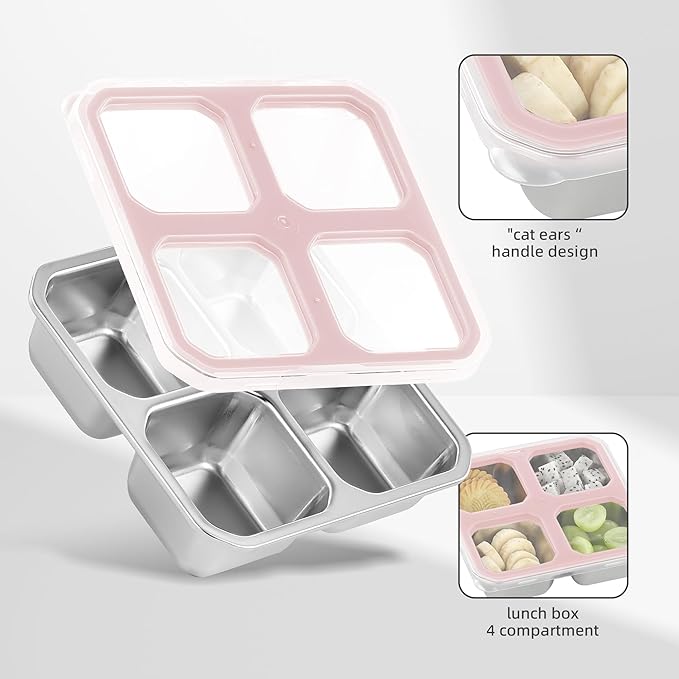 BEFOY 4 Pack Stainless Steel Snack Containers with Lids 4 Compartment Food Storage Containers for Adults Meal Prep Reusable for work or going out.(pink, 4)
