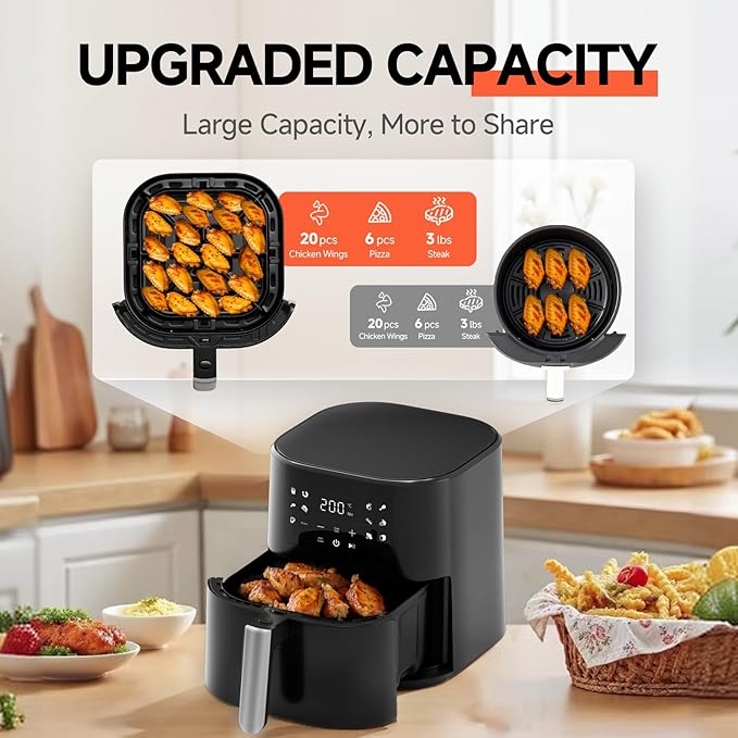 QIDO Air Fryer 8-in-1 with 5.5 QT Capacity,180°-450°F Precision Heating, Air Fry, Roast, Broil, Reheats, Dehydrates, Less Oil, Features Shake Reminder, Large Touch Display with Auto Menus, Black