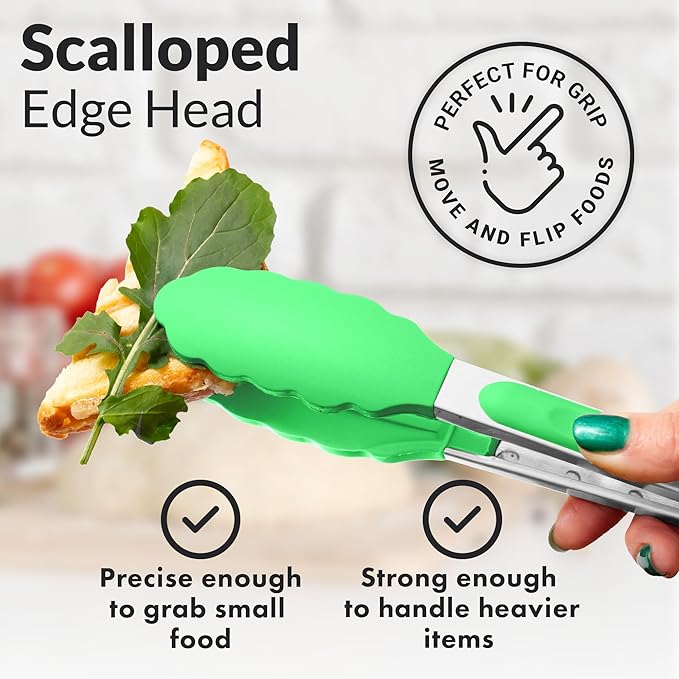 Zulay Stainless Steel Kitchen Tongs with Silicone Tips - Set of 2 (9” & 12”) Locking Cooking Tongs with Non-Slip Grip - Heat Resistant, BBQ Food Tongs for Non-Stick Cooking Pans (Silver/Light Green)