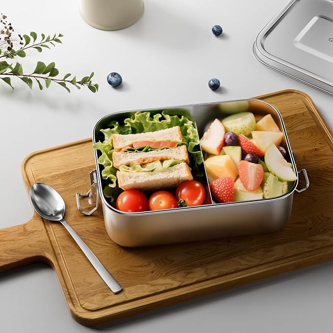 G.a HOMEFAVOR Stainless Steel Bento Lunch Box - Leak-Proof Metal Bento Box, Large Food Container with Lock Clips, Snack Container, Dishwasher Safe, 2 Compartments, 800 ml/27 oz