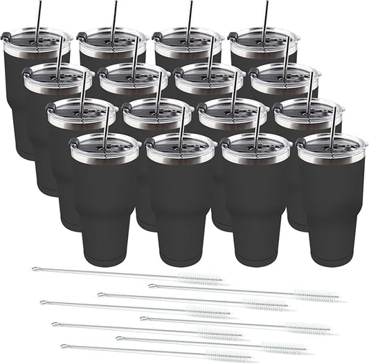 Amtidy 16 Pack 30oz Travel Mug, Powder Coated Stainless Steel Vacuum Double Wall Bulk Tumbler, Durable Insulated Coffe Cup with Splash Proof Lids straw and cleaning brush，for Home, Office, Party