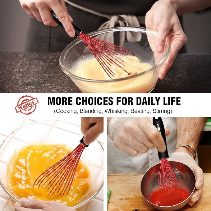 Walfos Whisk,Silicone Whisk Non Scratch-Whisks for cooking set of 4 Heat Resistant(480°F).Nice for Blending Beating Stirring and Kitchen Cooking &Baking.BPA Free and Dishwasher safe.(5+7+9+11inch )Red