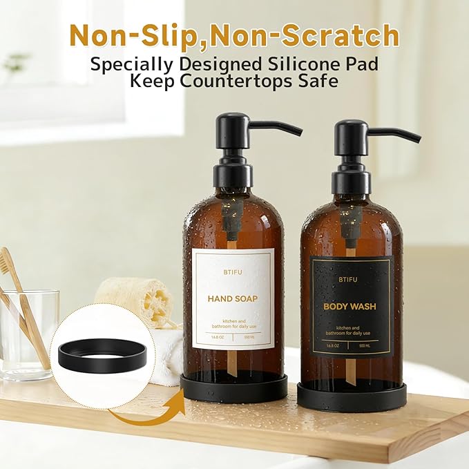 Kitchen Soap Dispenser Set – 16.8oz/500ml Glass Hand and Dish Soap Dispenser with Stainless Steel Pumps & Non-Slip Silicone Base, Luxury Countertop Decor for Home, Airbnb, Hotel (Amber & Black)