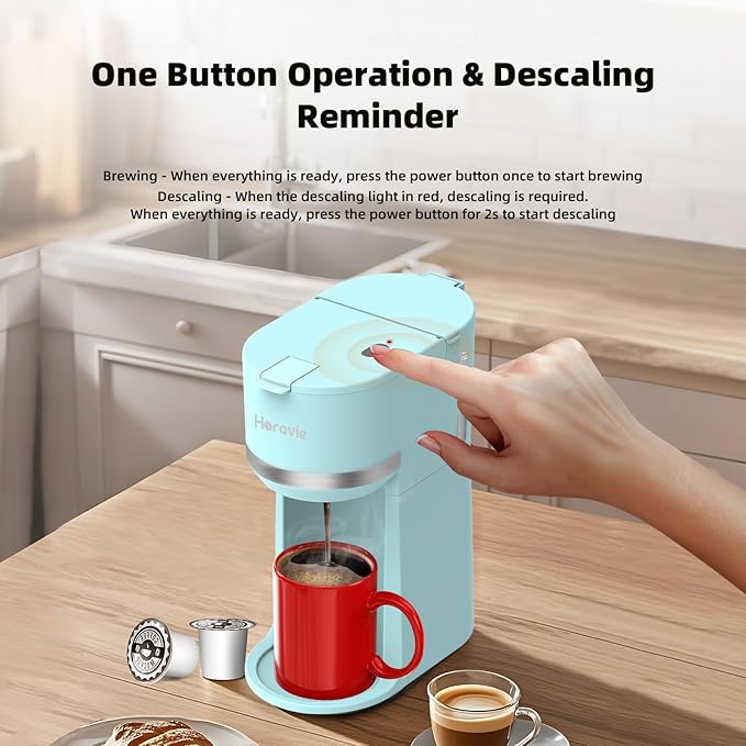 Horavie Mini Single Serve Coffee Maker for K-Cup Pod and Ground Coffee, Fast Brew One Cup Coffee Machine with Descaling Reminder and Water Window, 6 to 12 oz. Brew Sizes, Light Blue