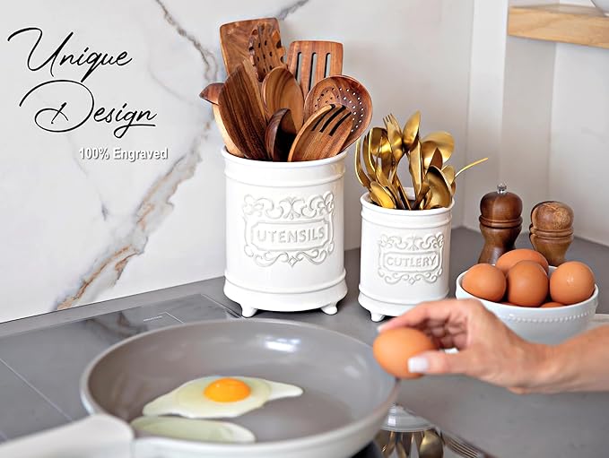 25DOL Large 7.5"+5.5" Elegant Ceramic Utensil Holder for Countertop, Cooking Utensils Organizer for Spatula, Large Utensils Crock for Kitchen Counter, Kitchen Decor, set of 2, White