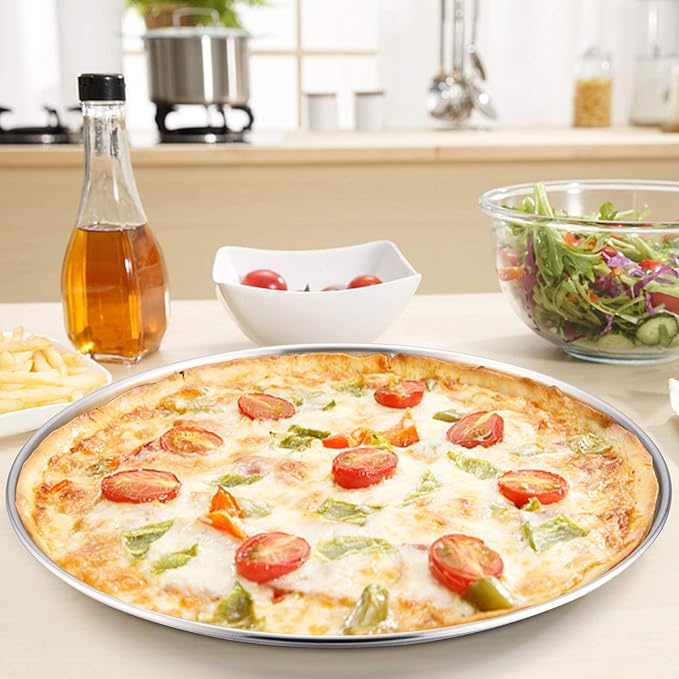 P&P CHEF Pizza Pan Set of 2, Stainless Steel Pizza Tray, Round Pizza Plate For Pie Cookie Pizza Cake, Non Toxic & Heavy Duty, Dishwasher Safe & Easy Clean, 13.5 Inch & Silver