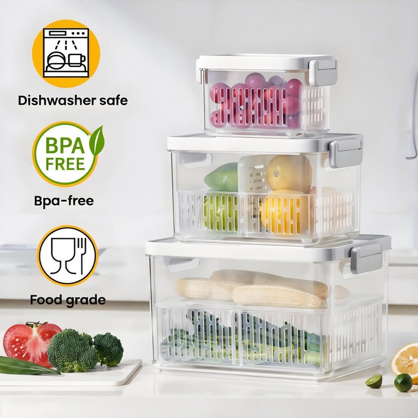 vacane Produce Saver, Fruit Storage Containers Produce Containers Berry Containers with Colanders, 3.8 Cup
