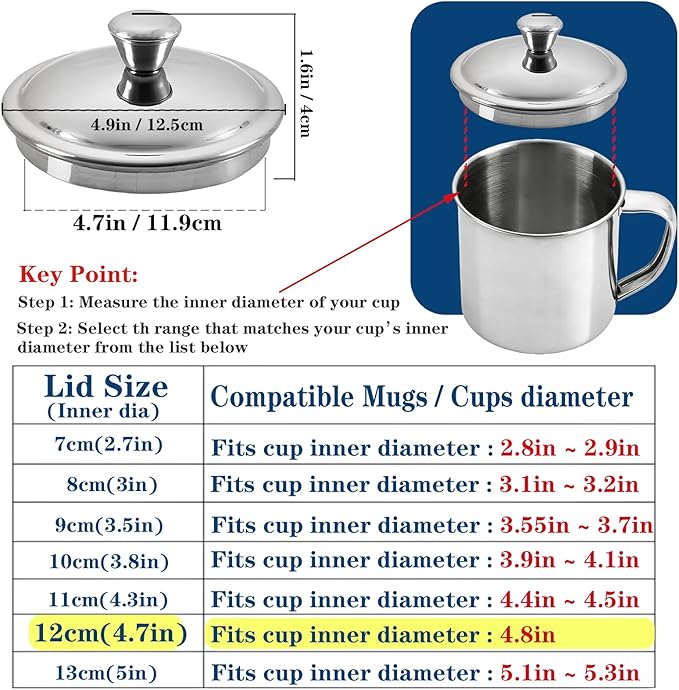 Universal Lid, 2Pcs Stainless Steel Cover Bowl 4.7Inch Mini Pan Lid Milk Pot Lid Cookware Lid for Skillets Frying Pans, 12cm