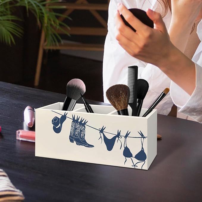 Funky Bikini Beach Wooden Utensils Holder, Girly Trendy Navy Blue Coastal Cowgirl Boot Hat Wood Cooking Utensil Holder Organizer for Kitchen Countertop Counter Decor Accessories