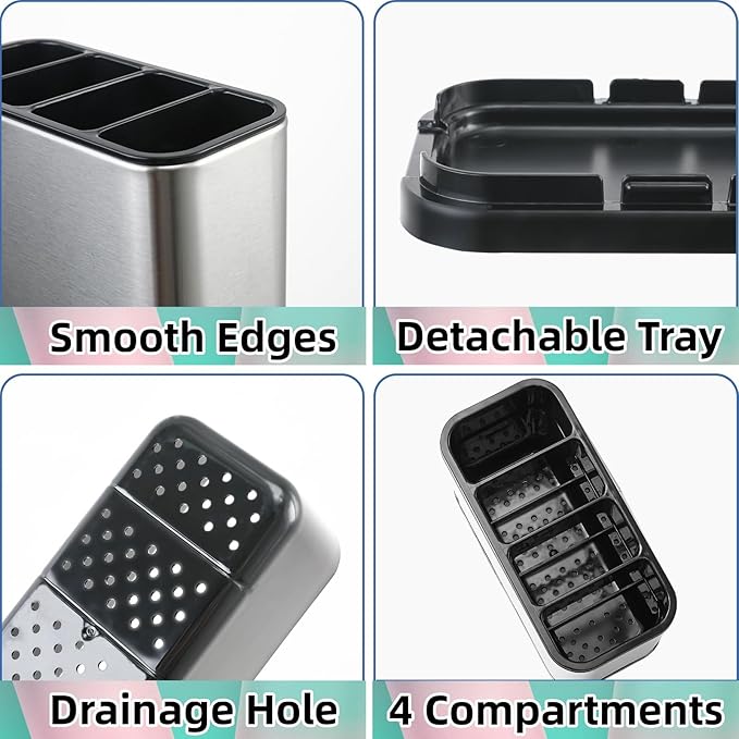 LIBODOUR Utensil Holder,Stainless Steel Caddy Counter,Spoon holder,4 Compartments Silverware Caddy,Capacity Flatware Spoon Fork Tool Cutlery Holder（Silvery）