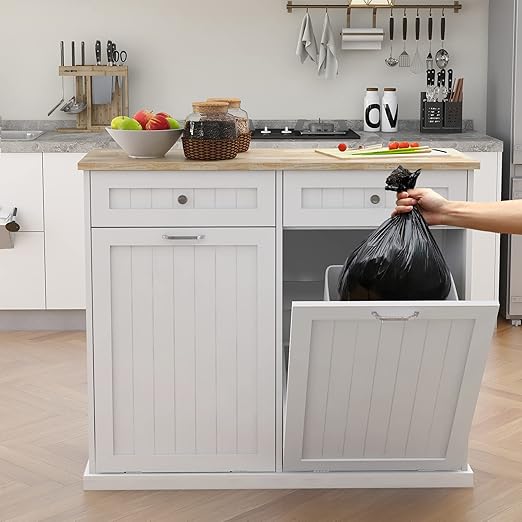 RASOO Double Tilt Out Trash Can Cabinet Freestanding Wooden Kitchen Garbage Trash Can Cabinet with Wood GrainTabletop and 2 Drawers
