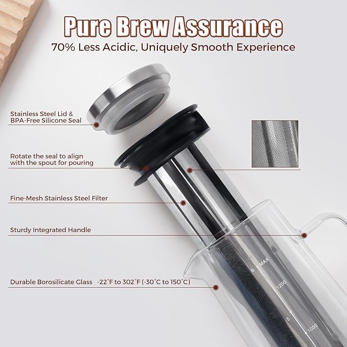 Cold Brew Coffee Maker 1.4L/48oz with Extended Filter & 2 Pcs Stainless Steel Espresso Cup (White), Coffee Brewing Set with Cleaning Brush, Stirring Spoon & 3.4oz/100ml Dual Scale Measuring Cup