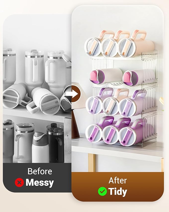 Water Bottle Organizer Holder for Stanley Cup Accessories, Fridge Kitchen Cabinet Organizer and Storage for Meoky 40 oz Tumbler with Handle, Stackable Plastic Travel Mug Cup Rack Gifts, 3Pack