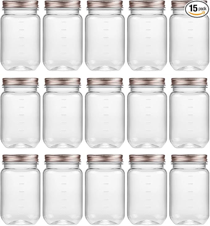 novelinks 16 oz Clear Plastic Jars with Lids, Refillable 16oz Mason Jars with Lids & Storage Containers for Kitchen & Household Use (15 Pack,Rose Gold)