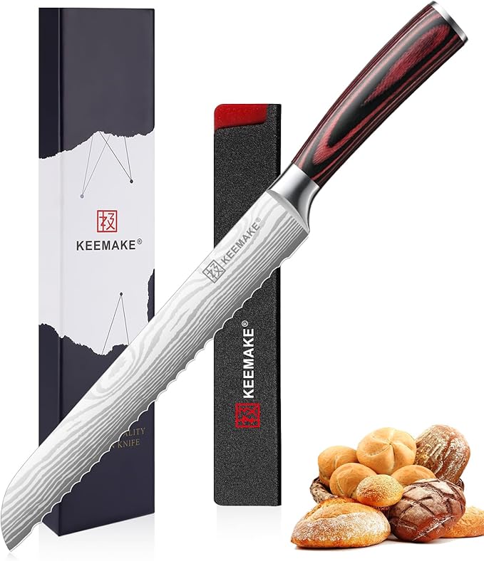 KEEMAKE Bread Knife, 8 Inch Serrated Bread Knife for Homemade Bread Ultra Sharp High Carbon Stainless Steel Blade, Professional Bread Cutting Knives for Sourdough Bread, Bagels, Cake