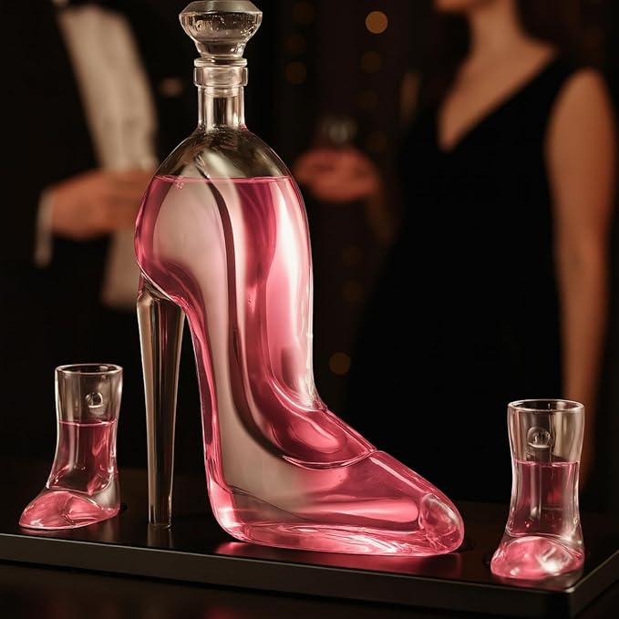 Heel Stiletto High Heels Whiskey and Wine Decanter With Heel Glasses & Wood Base - Elegant with Stopper for Liquor, Bourbon, Tequila - Unique High Heel Design, Present Gift for Women, Stylish Barware
