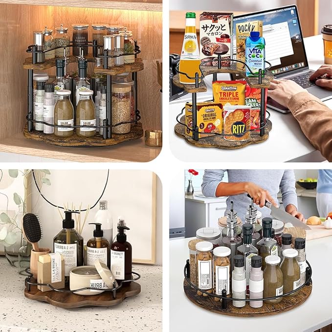 12" Wood Lazy Susan Rotating Spice Rack Spice Turntable Organizer for Kitchen Countertop Pantry and Cabinet Cupboard (A Style, 2 Tier)