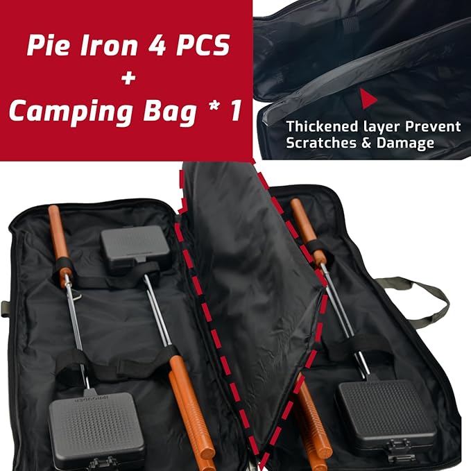 Campfire Pie Iron 4.9" Large Cast Iron Sandwich Maker for Camping 4 Pcs with Storage Bag - 22.6 inch Thickened Handles - Campfire Cooking Equipment for Grilling & Outdoor Cooking
