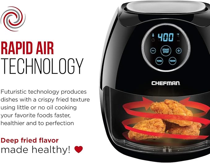 CHEFMAN Large Air Fryer 6.5 Qt XL, Healthy Cooking, User Friendly, Nonstick, Digital Touch Screen with 4 Cooking Functions w/ 60 Minute Timer & Auto Shut Off, BPA-Free, Dishwasher Safe Basket, Black