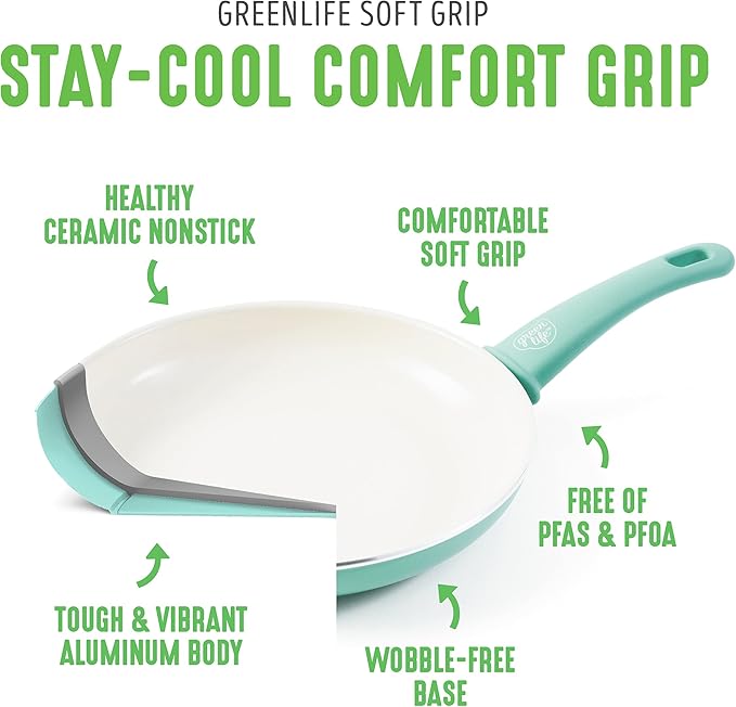 GreenLife Soft Grip Healthy Ceramic Nonstick, 11" Griddle Pan, PFAS-Free, Dishwasher Safe, Turquoise