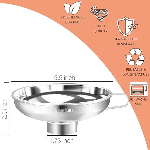 Anaeat Stainless Steel Canning Funnel with Handle for Wide and Regular Jars & Canning Jars, Wide-Mouth Funnels Excellent for Transferring Liquid and Dry Ingredients, Large Solids, Beans & Jams (5.5")