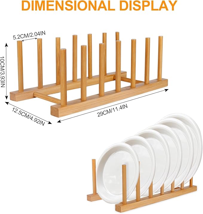 SAMEBUTECO Bamboo Wooden Dish Racks Plate Stand Holder Vertical Drainer Kitchen Cabinet Organizer for Dish, Pots, Lids, Bowls, Cups, and Cutting Boards and Books(2 Packs)