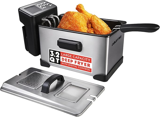 Gourmia 3.2 Qt Countertop Deep Fryer – Electric Oil Fryer with Digital Display, Adjustable 280°F–380°F Temperature Control, Viewing Window, Odor Filter Lid & Magnetic Safety Cord