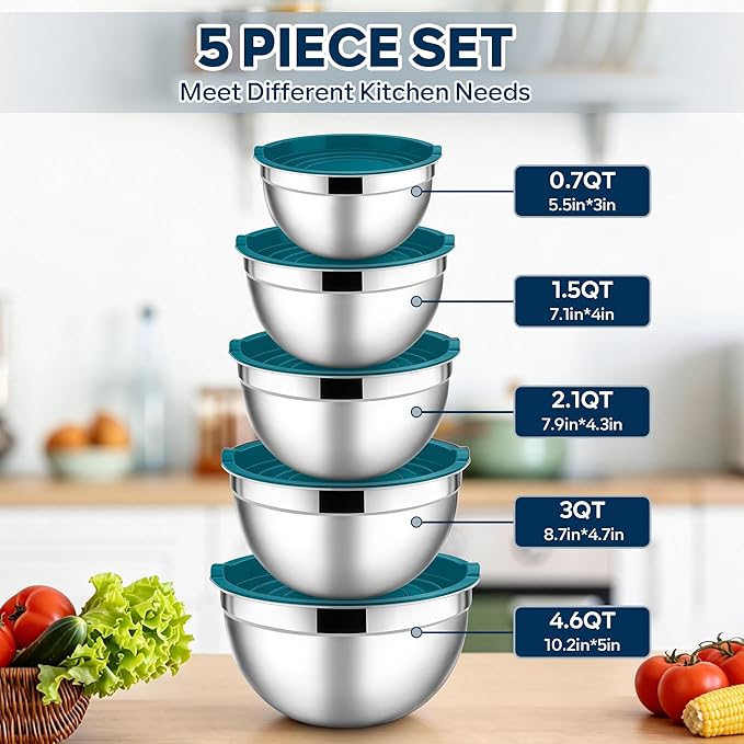 E-far Mixing Bowls With Lids Sets of 5, 10-Piece Stainless Steel Salad Metal Nesting Bowl for Baking Cooking and Prepping, Airtight Lid & Stackable Design, Size 4.6, 3, 2.1, 1.5, 0.7 QT, Blue