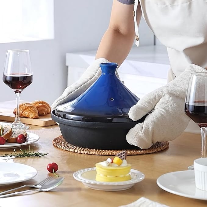 Moroccan Tagine for Cooking: Enameled Cast Iron Cooking Pot, Slow Cooker, Classic Kitchen Cookware, Tajine with Ceramic Cone-Shaped Closed Lid, 3.3 QT, Blue