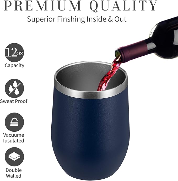 MEWAY 12oz/8 Pack Wine Tumbler Glasses with Lid - Stemless Double Wall Vacuum Stainless Steel Travel Tumbler - Keeping Cold & Hot for Wine,Coffee,Cocktails,Drinks-Family and Gifts (Navy,Set of 8)