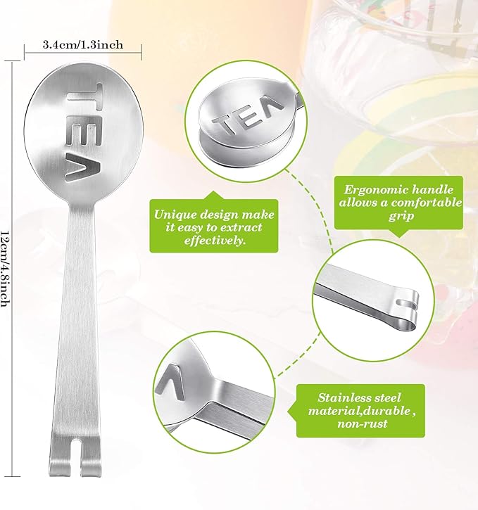 Tea Bag Squeezer Tongs Stainless Steel Spoon for Bags Silver Strainer Clip Tea Squeezer for Loosing Leaf, Gripping Ice Cube, Sugar(4 Pieces)