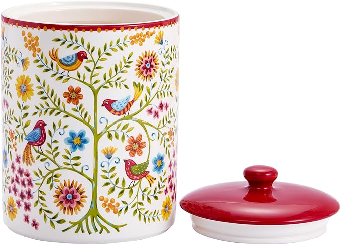 Bico Red Spring Bird Ceramic Air Tight 9 inch Cookie jar, for holding coffee, powder, tea, spices, Microwave and Dishwasher Safe