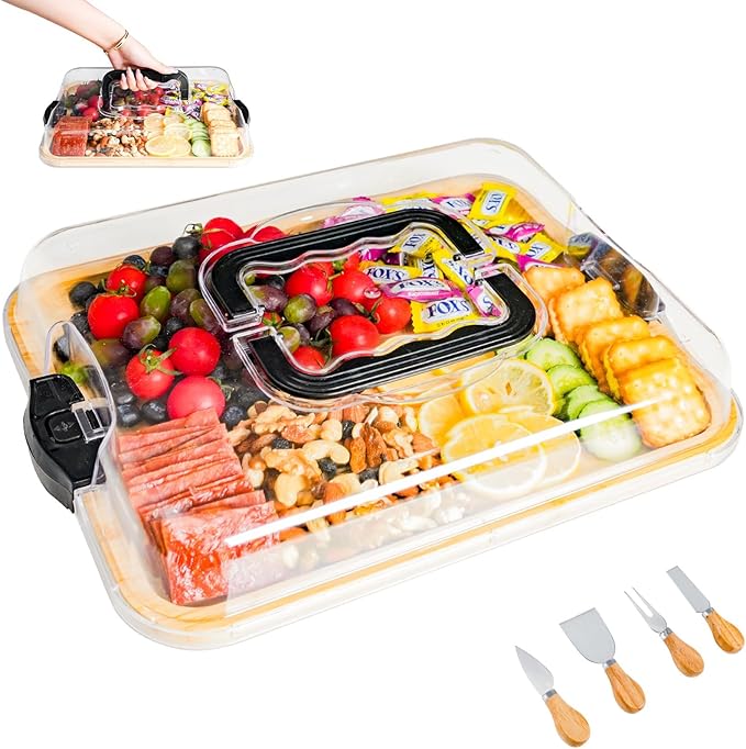 Bamboo Charcuterie Board 1-Compartment with Locking Lid, Ergonomic Handle & Knives Set - Portable Food/Cheese Serving Tray, Reversible Cutting Board for Picnic, Party & Gatherings (Pack of 12)