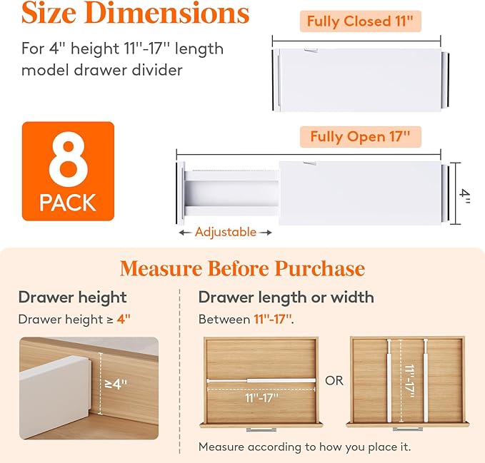 Lifewit 8 Pack 4" High Drawer Dividers 28-43.5cm/11-17" Adjustable Drawer Organizer for Clothes/Utensils, Expandable Drawer Separator in Dresser/Kitchen/Bedroom/Office Organization & Storage White