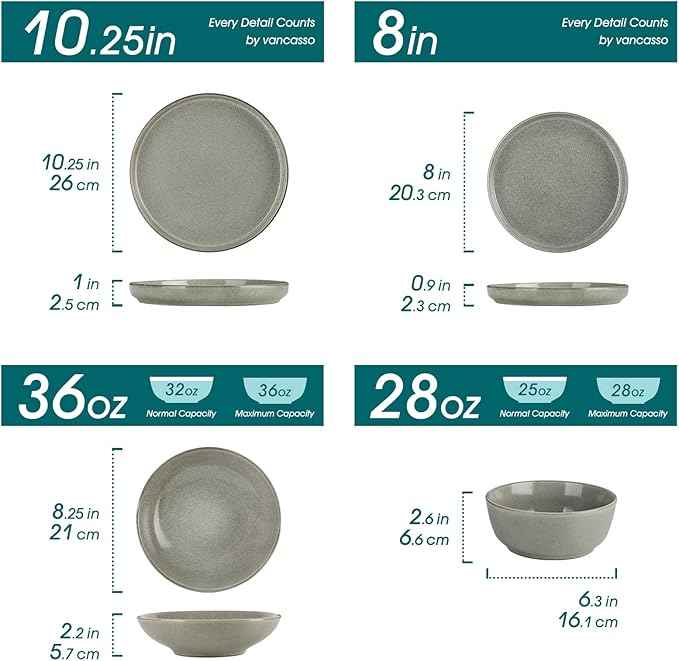 vancasso ANYA 24 Pieces Plates and Bowls Set, Stone Grey Dinnerware Sets, Reactive Glaze Dishes Set for 6, Ceramic Dishware Sets Kitchen Dinner Set, Microwave & Dishwasher Safe