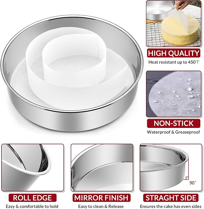 8 Inch Cake Pan Set of 3, E-Far Stainless Steel Round Layer Cake Baking Pans with Parchment Rounds & Side Liner Roll, Non-Toxic & Healthy Metal Cakes Tin, Straight Side & Dishwasher Safe