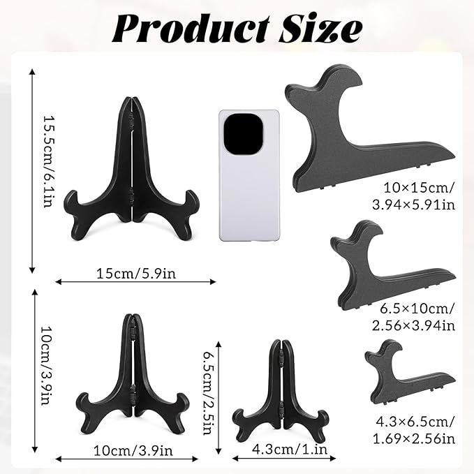 3 Pack Plastic Frame Holder Stand, 3 Size Black Plate Display Stand, Foldable Picture Stands for Display Platter, Dish, Book, Photo