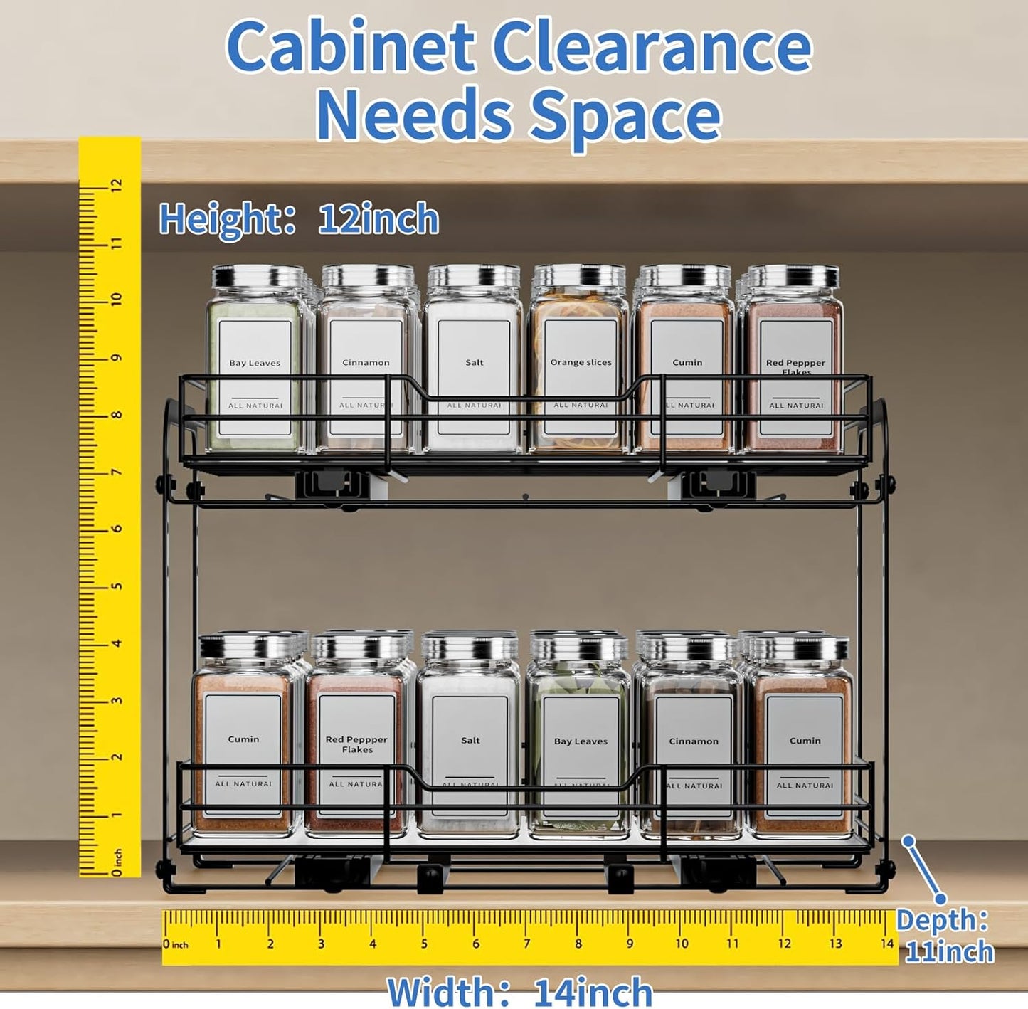 2-Tier Pull Out Spice Rack, Spice Rack Organizer, Pull Out Spice Racks for Inside Cabinets, Height Adjustable Heavy Duty Metal Basket for Inside Cabinet & Pantry (13.5''Wx10.5''Dx9.5''H)