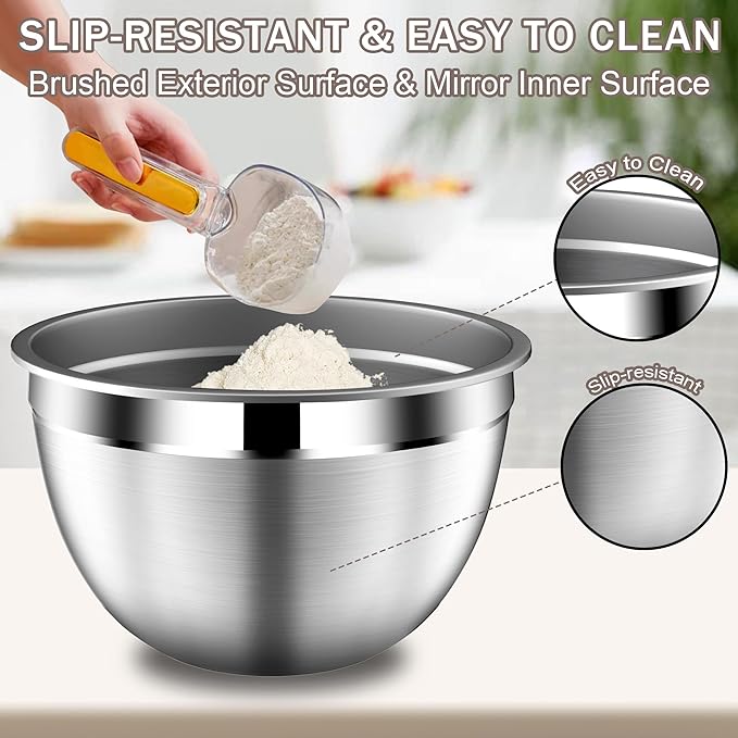 DUTZUN Stainles Steel Mixing Bowls with Lids Set, Stackable Metal Mixing & Serving Bowl with Strainer, 5-Piece - Beige