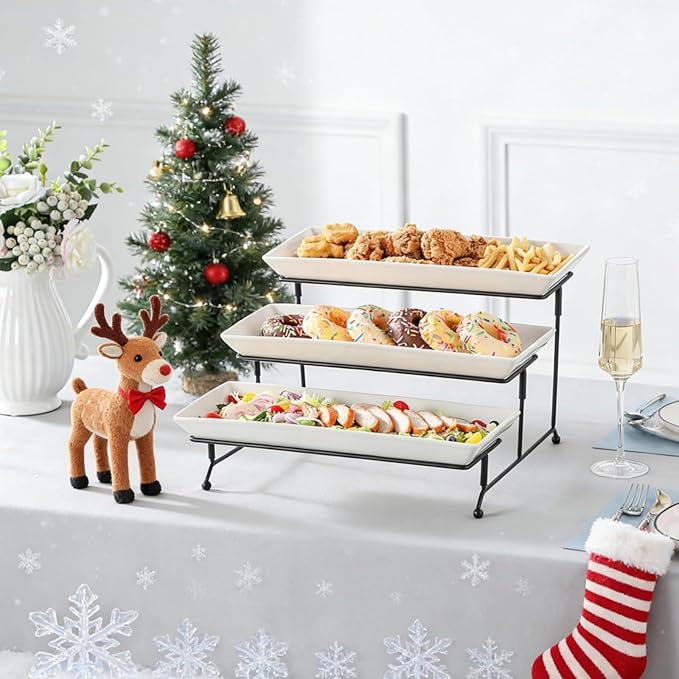 MALACASA 3 Tier Serving Tray, Porcelain Tiered Cupcake Stand, Ceramic Elevated Serving Platter with Collapsible Sturdier Rack,Series PLAT (White, 14 Inch)