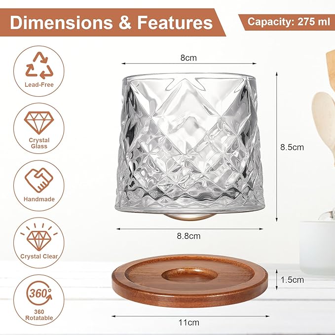 Rotatable Old Fashioned Glass Cup, 275ml/10oz Crystal Whiskey Glass, Wood Coaster, Thickening, Used as Rum Glass, Cocktail Cup, Coffee, Milk to Relax and Reduce Stress, Ideal Gift