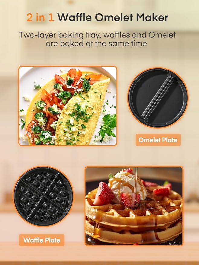 FOHERE 2-in-1 Omelette Maker&Waffle Maker, 1400W Omelet Maker 180° Flip, Adjustable Browning Control, Non-Removable & Nonstick Pans, Make Two Omelet and One Waffle at Once for Home (Dark Black)