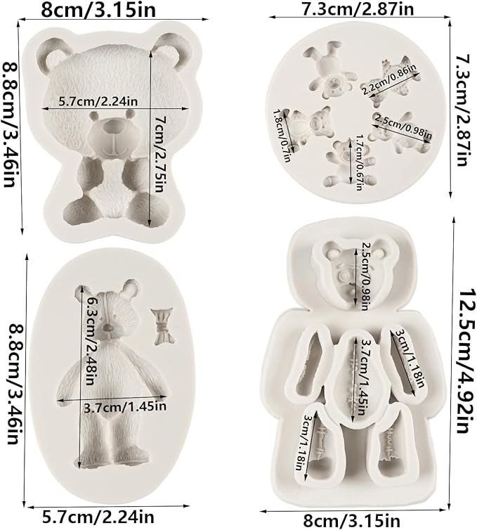 Bear Silicone Fondant Molds Bear Candy Chocolate Molds for Teddy Bears Cake Decoration Cupcake Topper Candy Chocolate Polymer Clay Resin Epoxy Gum Paste Set of 4