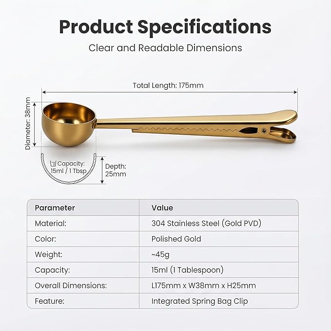 Li&Zhao Stainless Steel Coffee Scoop with Clip - Coffee Scoop for Ground Coffee, Precision Coffee Measuring Scoop, Tablespoon Stainless Steel Scoop for Coffee, Tea, Protein Powder (Gold)