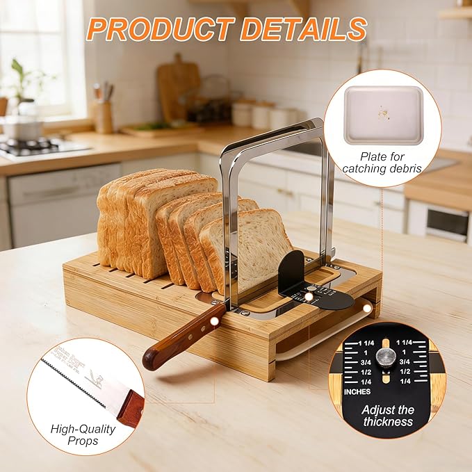 Bamboo Sourdough Bread Slicer for Homemade Breads with Bread Knife，Adjustable Slice Thickness and Bread Width, Stainless Steel Cutting Guides with Crumb Tray for Round Sourdough & Homemade Breads