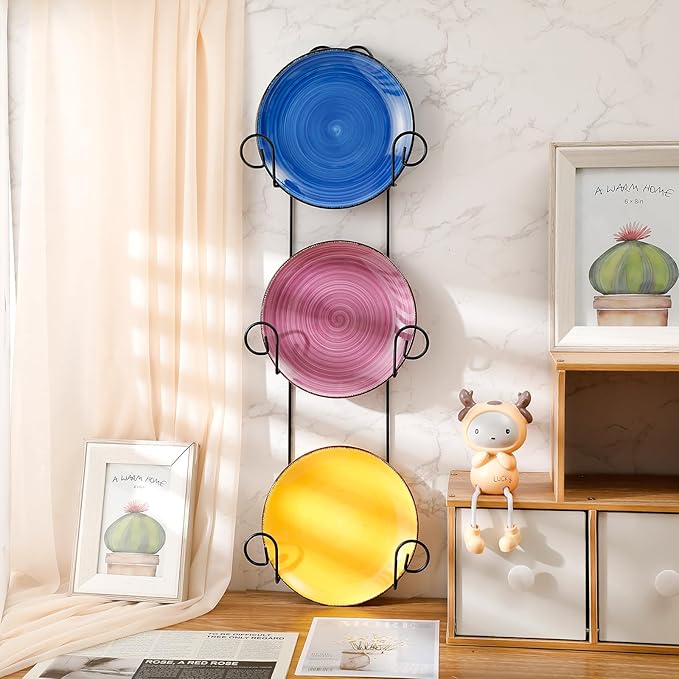 Menkxi 2 Pcs Plate Rack for Wall Vertical Vintage Wall Plate Holder Decorative for Display Hanger Brackets Mount Rack Arts with Screw and Nut Fittings for Display Dishes Picture Frame(3 Tier,Black)
