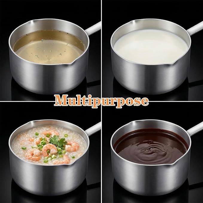 0.5 Quart 18/10 Tri-Ply Stainless Steel Butter Melting Pot, 500ml Silver Butter Warmer Measuring Pan Small Sauce Pan with Dual Pour Spouts for Milk, Coffee, Tea, Soup Warming & Measuring