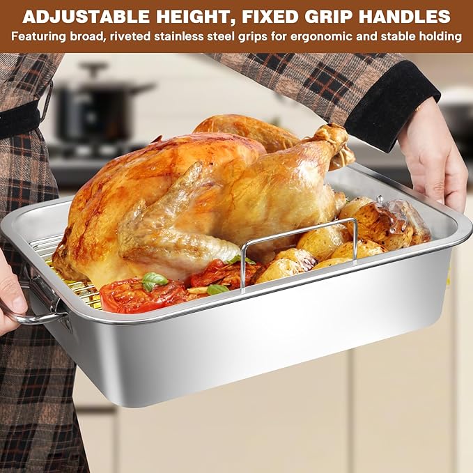 Roasting Pan,VBOYL 16" 3-Piece Roasting Pan Set: Deep Pan + Flat & V-Racks. Ideal for Turkey, Chicken, Veggies, Lasagna. Heavy-Duty, Non-toxic, Easy Clean, Dishwasher Safe.